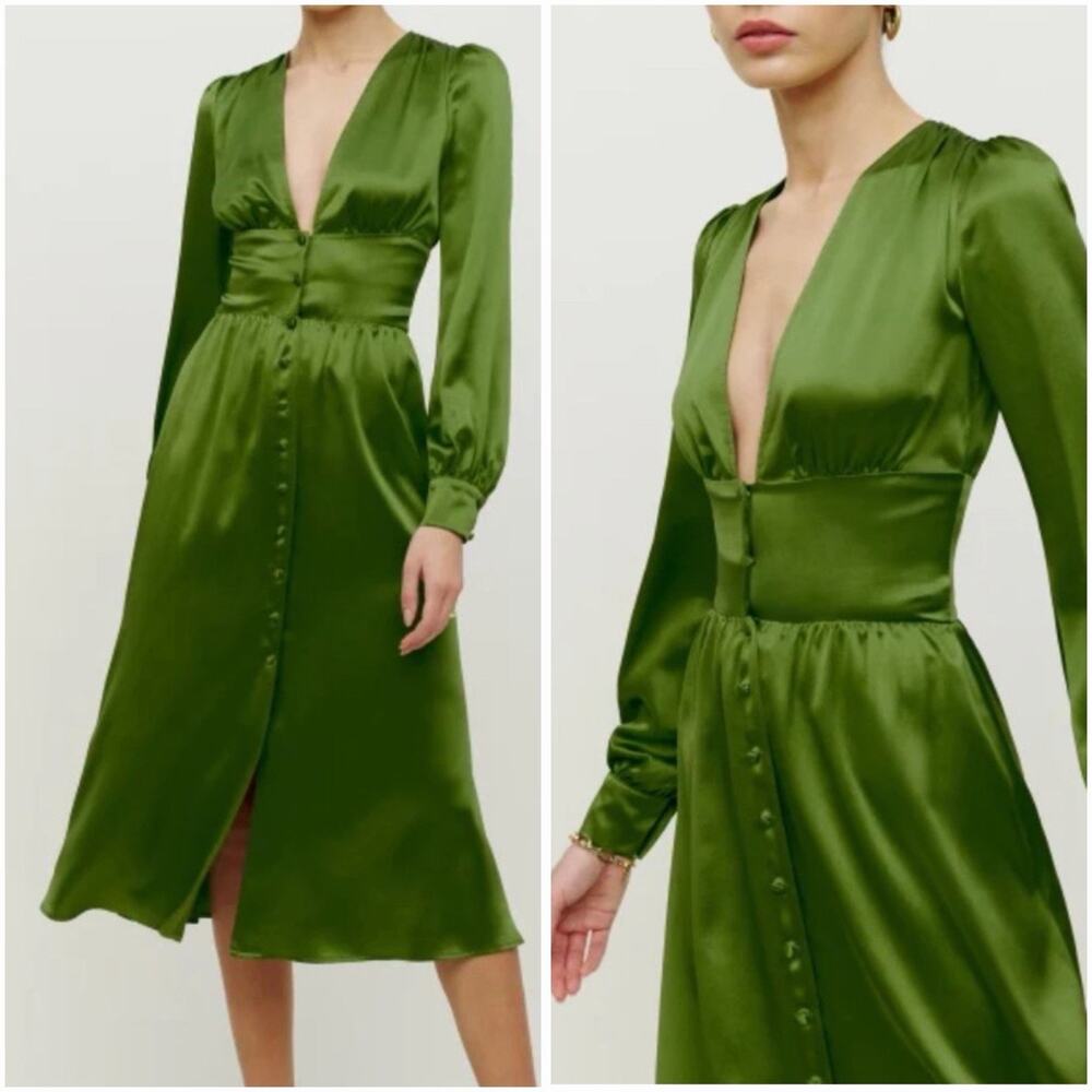 Reformation Nicola 100% Silk Dress 4 Palm Green Long Sleeve Midi